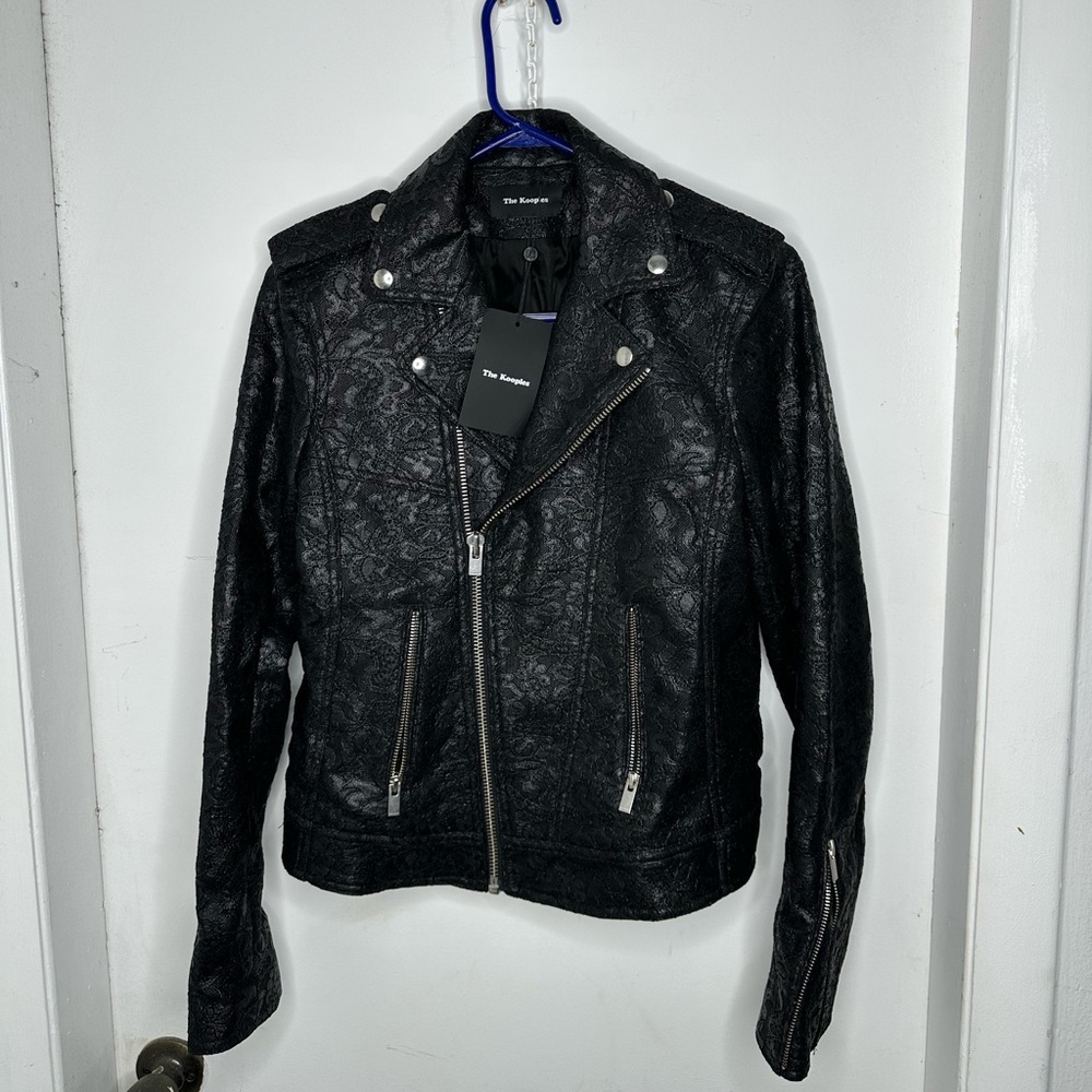 The Kooples Waxed Lace Black Moto Jacket Size L